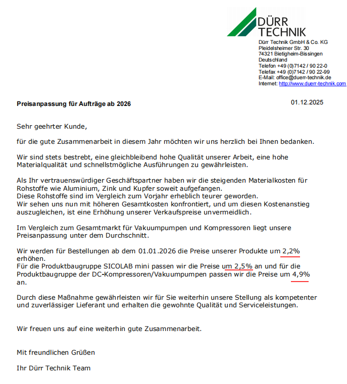 Notice on Durr Technik's Price Adjustment for 2026
